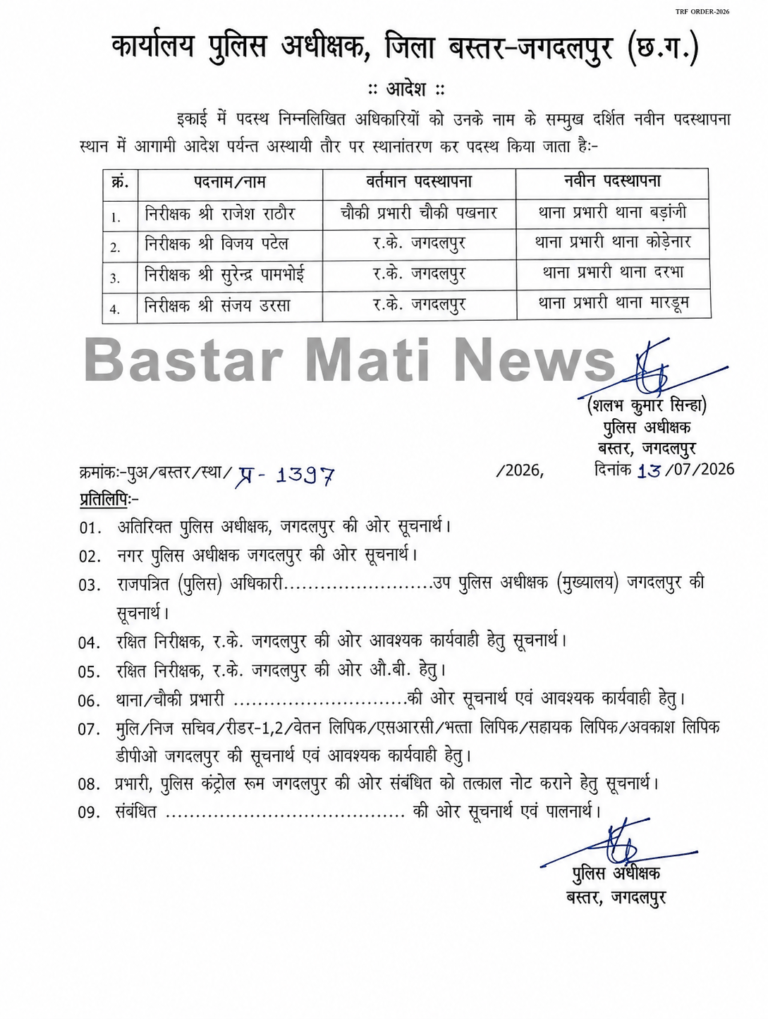 जगदलपुर में पुलिस विभाग में तबादला, कई निरीक्षकों को मिली नई जिम्मेदारी