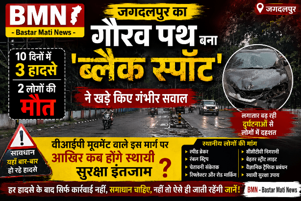 जगदलपुर का गौरव पथ बना ‘ब्लैक स्पॉट’, 10 दिनों में 3 हादसे और 2 मौतों ने खड़े किए गंभीर सवाल