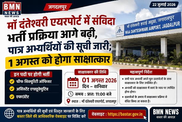 माँ दंतेश्वरी एयरपोर्ट में संविदा भर्ती प्रक्रिया आगे बढ़ी, पात्र अभ्यर्थियों की सूची जारी; 1 अगस्त को होगा साक्षात्कार