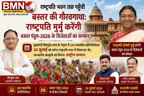 राष्ट्रपति भवन तक पहुँची बस्तर की गौरवगाथा: राष्ट्रपति मुर्मु करेंगी बस्तर पंडुम-2026 के विजेताओं का सम्मान, मुख्यमंत्री विष्णुदेव साय के नेतृत्व में 209 सदस्यीय प्रतिनिधिमंडल 30 जुलाई को करेगा राष्ट्रपति भवन में शिष्टाचार भेंट, जनजातीय संस्कृति को मिलेगा राष्ट्रीय सम्मान