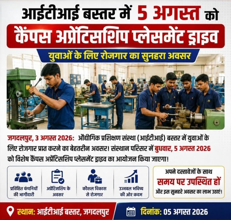 आईटीआई बस्तर में 5 अगस्त को कैंपस अप्रेंटिसशिप प्लेसमेंट ड्राइव